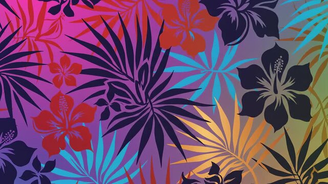 High contrast looping motion graphic animation of a bold floral Balinese style pattern with stylized palm silhouettes shifting colors on a vibrant gradient background abstract, contrast, pattern