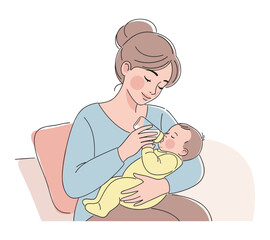 illustration of a woman giving her baby a bottle of milk.