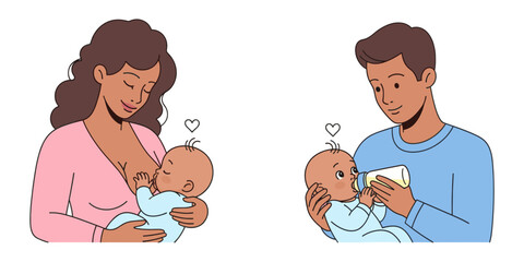Mother breastfeeding and father bottlefeeding a baby with hearts.