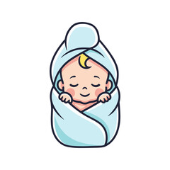 Baby swaddled in a blue blanket towel.