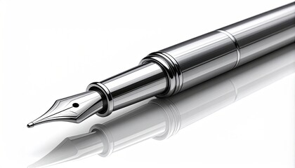 Shiny, metallic fountain pen with intricate details and reflection