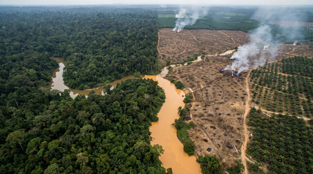 Aerial view of deforestation and palm oil plantation with smoke rising from burning land.