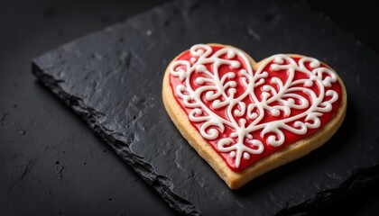 Heart-shaped sugar cookie with elegant mood featuring intricate white icing patterns on a red base against a dark slate background with copy space