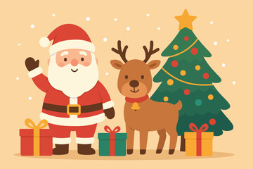 Naklejka premium Christmas Holiday Cartoon Scene with Santa, Reindeer, Gifts and Decorated Tree 