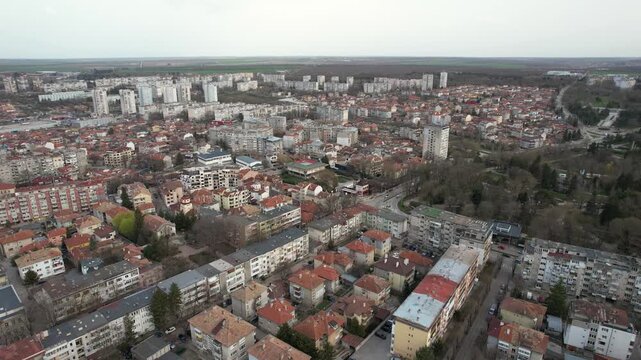 Aerial view of the cityscape, where buildings meet patches of trees, creating a diverse urban landscape, Dobrich, Dobrich Province, Bulgaria.