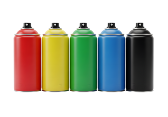 Five Colorful Spray Paint Cans in a Row Isolated on transparent background
