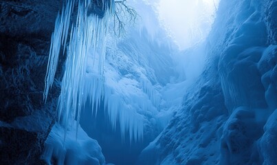Frozen mountain landscape bathed in soft blue light, delicate icicles hanging from snow-covered cliffs