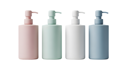 Four Colorful Soap Dispensers in a Row Isolated on transparent background