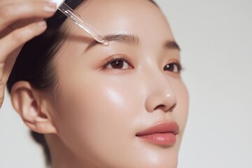 Fototapeta premium Young Korean woman applying serum on her face. Asian girl holding dropper skin care product. Anti Age essential oil with oily pipette. Advertising facial care cosmetics. Health, youth. Drop fluid