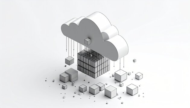 Isometric view Cloud-like structure with flowing lines and cubes - Powered by Adobe
