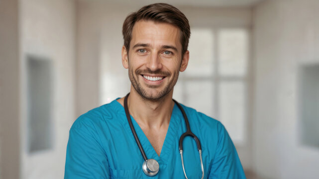 A smiling man in a blue scrubs shirt is wearing a stethoscope. He is posing for a picture in a hospital hallway