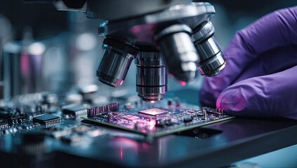 Close-up of a microscope examining an integrated circuit board with a gloved hand