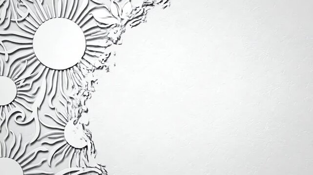 High contrast transition revealing a subtle white-on-white contour pattern of suns and blossoms that rapidly self-draws and disappears in a continuous motion loop high key, creative