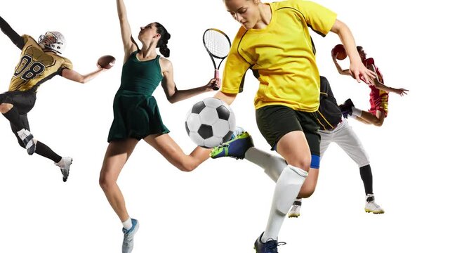 Modern video ad. Creative sports collage of diverse athletes performing different disciplines in studio. Concept of multi sport marketing, brand campaigns, digital promotion, and commercial design.