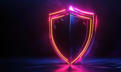 Futuristic glowing shield emblem with vibrant neon lights, representing security and protection in a sleek high-tech design