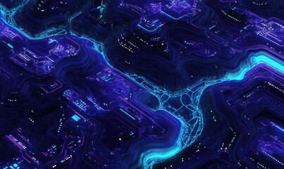 Futuristic glowing circuit board pattern in vibrant neon blues, creating a high-tech and energetic digital landscape