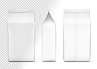 Hyper realistic transparent vertical bag mockup. Front, back and side view. Vector illustration isolated on white and transparent background. Can be use for template your design, presentation, promo, 