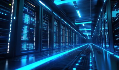Futuristic high-tech data center with rows of glowing blue servers, sleek design reflecting modern digital infrastructure