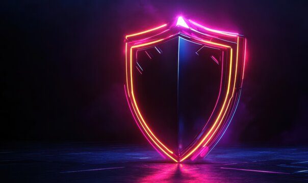 Futuristic glowing shield emblem with vibrant neon lights, representing security and protection in a sleek high-tech design - Powered by Adobe