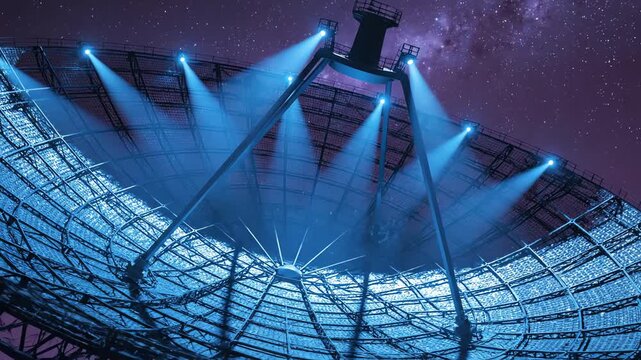 High contrast visualization of the circular parabolic reflector dish structure catching blue spotlights under a deep violet night sky modern design, science, steel framework