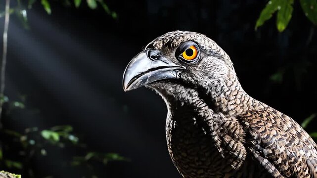 High contrast, dramatic lighting illuminating the bizarre facial features and large, reflective orange eyes of a unique Potoo bird at night ambiance, contrast, High