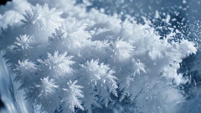 High detail close up showing rapid accumulation of dense white rime frost covering the rough, cold, blue tinted surface of a pure ice block blue, abstract, white