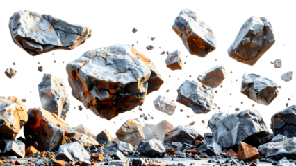 Asteroids swarm of boulders or stone meteorite isolated on transparent png background, flying rock in the space.