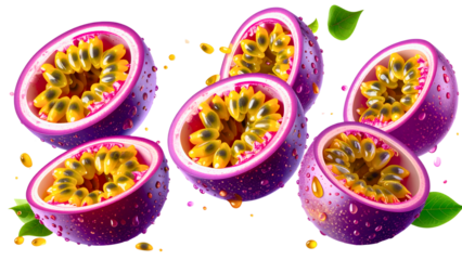 Sliced passion fruit floating in the air isolated on transparent background