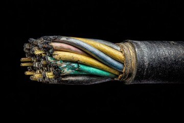 Macro shot of a damaged electrical cable with multi-colored wires exposed