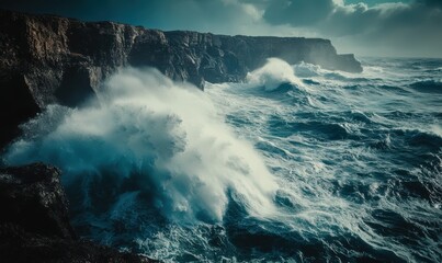 Giant waves crashing against rocky cliffs, dramatic seascape, high-speed motion shot, deep blue ocean tones, raw nature power