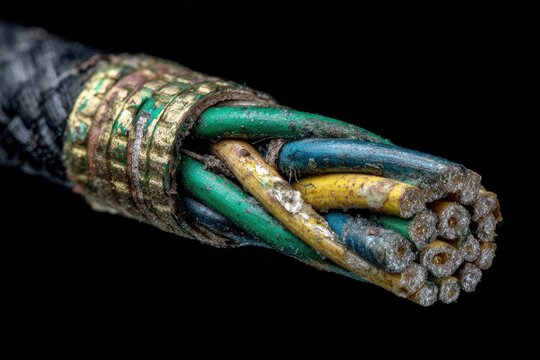 Close-up of a cut power cable, revealing multiple color-coded wires inside, against a black backdrop
