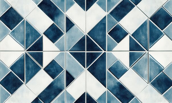 Geometric blue and white tiled pattern with clean lines, sleek textures, and a classic modern aesthetic