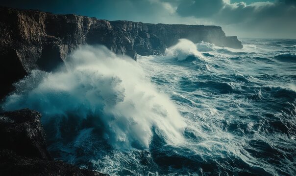 Giant waves crashing against rocky cliffs, dramatic seascape, high-speed motion shot, deep blue ocean tones, raw nature power - Powered by Adobe