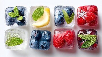 Frozen Fruit Cubes: A Colorful Array of Ice Cubes with Blueberries, Raspberries, Lemon, and Mint, Refreshing Summer Drinks and Culinary Garnishes, Close-Up Still Life Photography