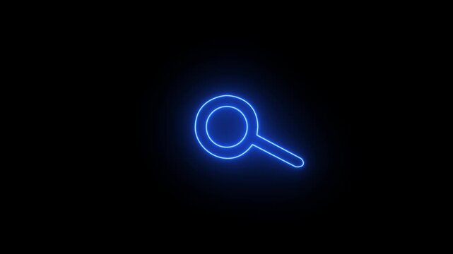 Magnifying glass, zoom simple vector icon. Flat design.Blue neon on black background.