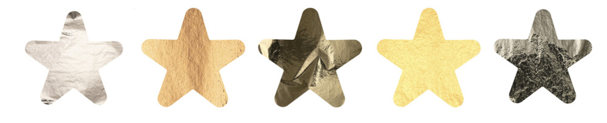 Set of decorative foil stars with irregular edges, presented in various metallic colors and surface