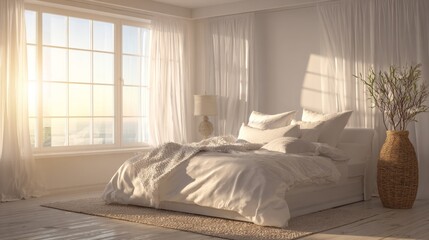Bright minimal bedroom interior with white bedding sheer curtains and warm sunlight