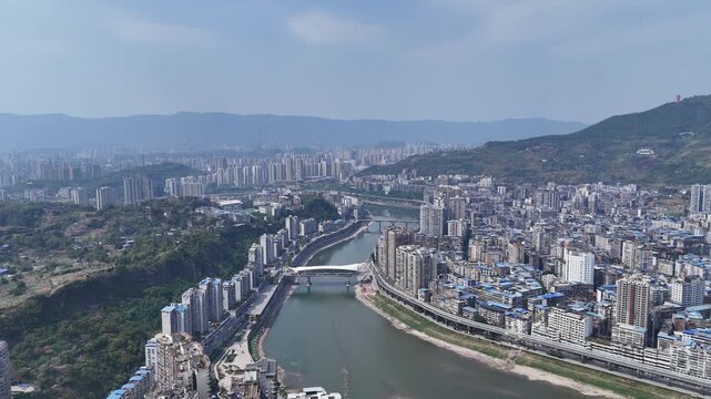 Dazhou Sichuan Aerial View with Qu River and Urban Development