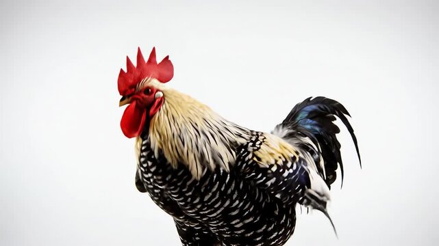 High speed capture of a strong rooster flapping its wings vigorously, showcasing bold red blue and white accents against a pure studio background speed, High speed capture, rooster