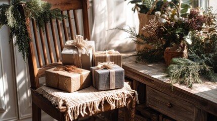 Rustic gift boxes with natural wrapping on wooden chair in cozy interior