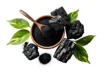 Wooden Bowl with Activated Charcoal and Green Leaves Arrangement Isolated on transparent background