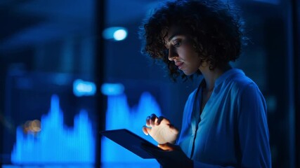 Focused young businesswoman analyzing data on tablet screen in modern dark office with blue digital graphs and charts for business analytics - Powered by Adobe
