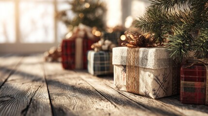 Christmas gift boxes with festive wrapping on rustic wooden floor