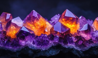 Glowing crystal geodes in vibrant purple and orange tones under dramatic lighting, bold and ethereal, ideal for jewelry, mineral, or artistic visuals