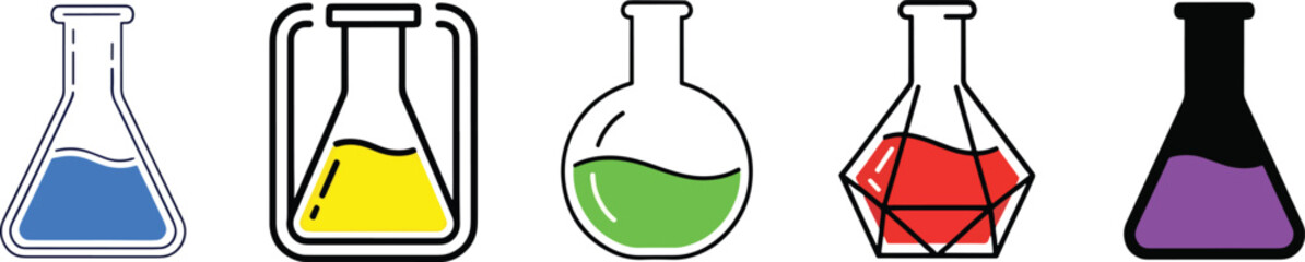 Scientific laboratory flask icons with colorful liquid in various styles like geometric and rounded glass for chemistry research and education projects.