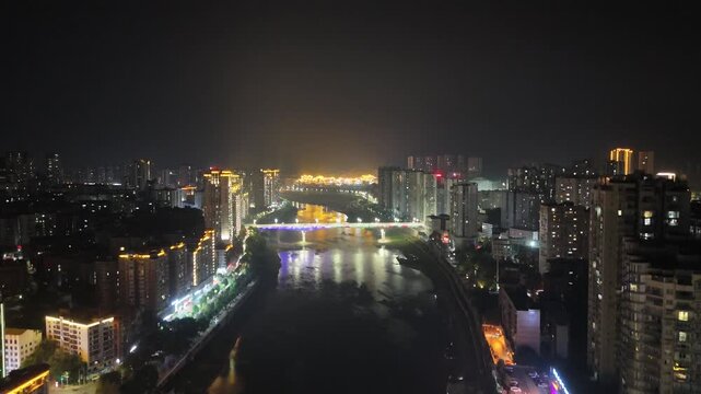 Dazhou Sichuan River Bridge Night Aerial Photograph