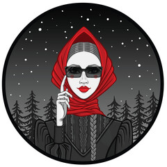 Girl in dark glasses and old clothes against the backdrop of a night forest. Vector illustration.