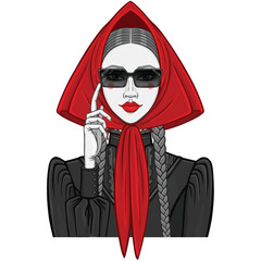 Beautiful girl in a red headscarf holds up her glasses. Vector illustration isolated.