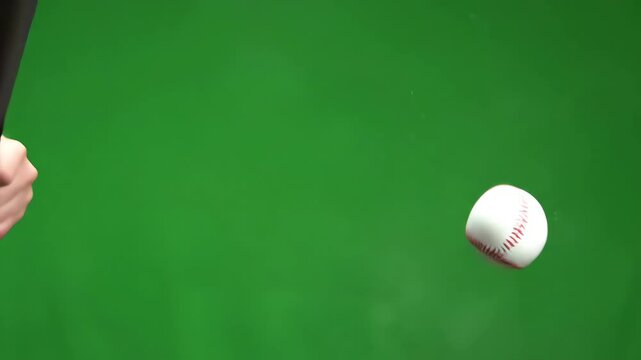 High velocity aluminum baseball bat striking a white ball isolated against a solid green screen ready for complex visual effects compositing action, equipment, isolated