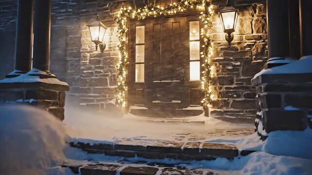 High winds and blizzard conditions whipping fresh snow across the stone porch and illuminated doorway framed by warm, glowing decorative lights framed, commercialuse, snowdrift